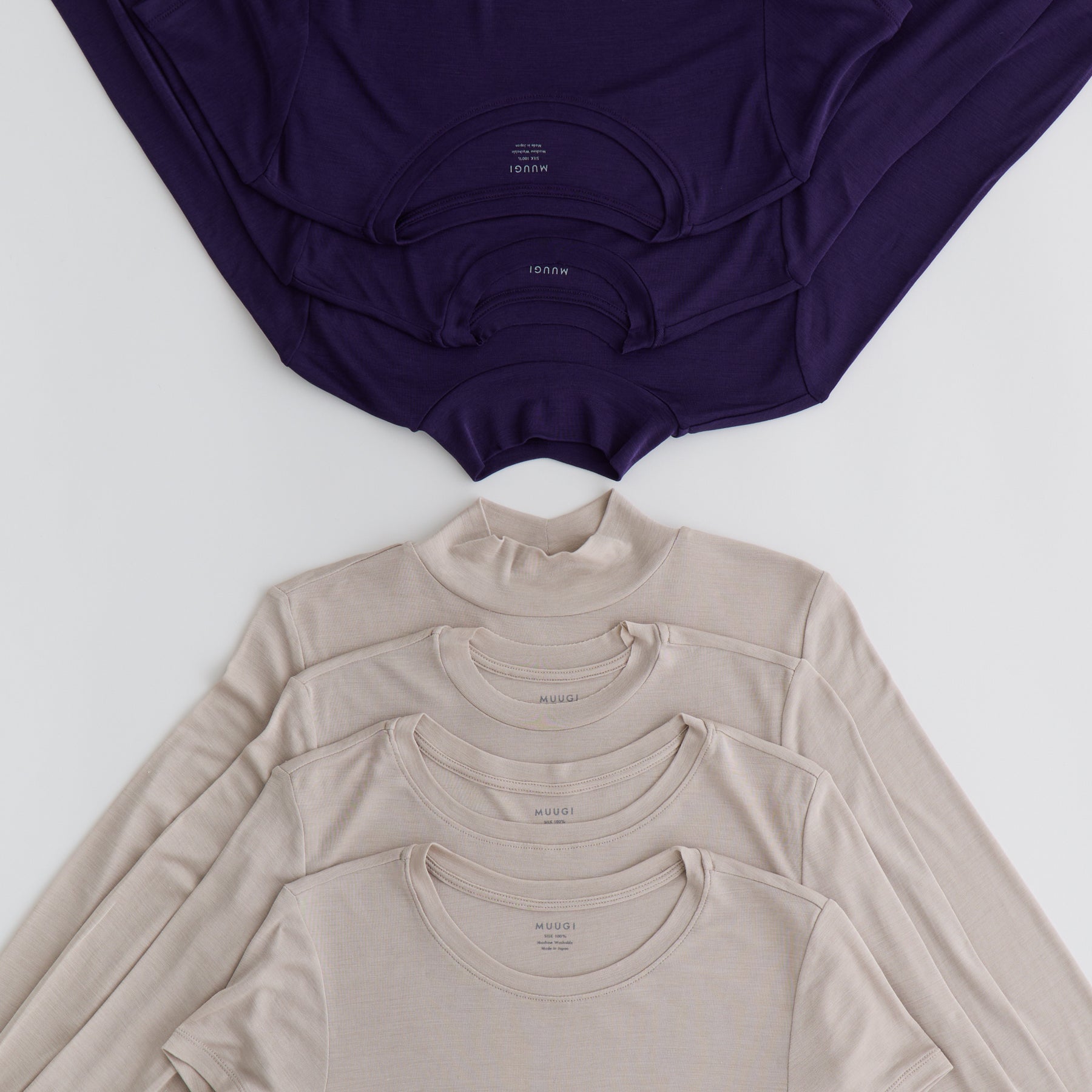 シルク100%カットソーシリーズに、新色・オイスターとダークパープルが登場します