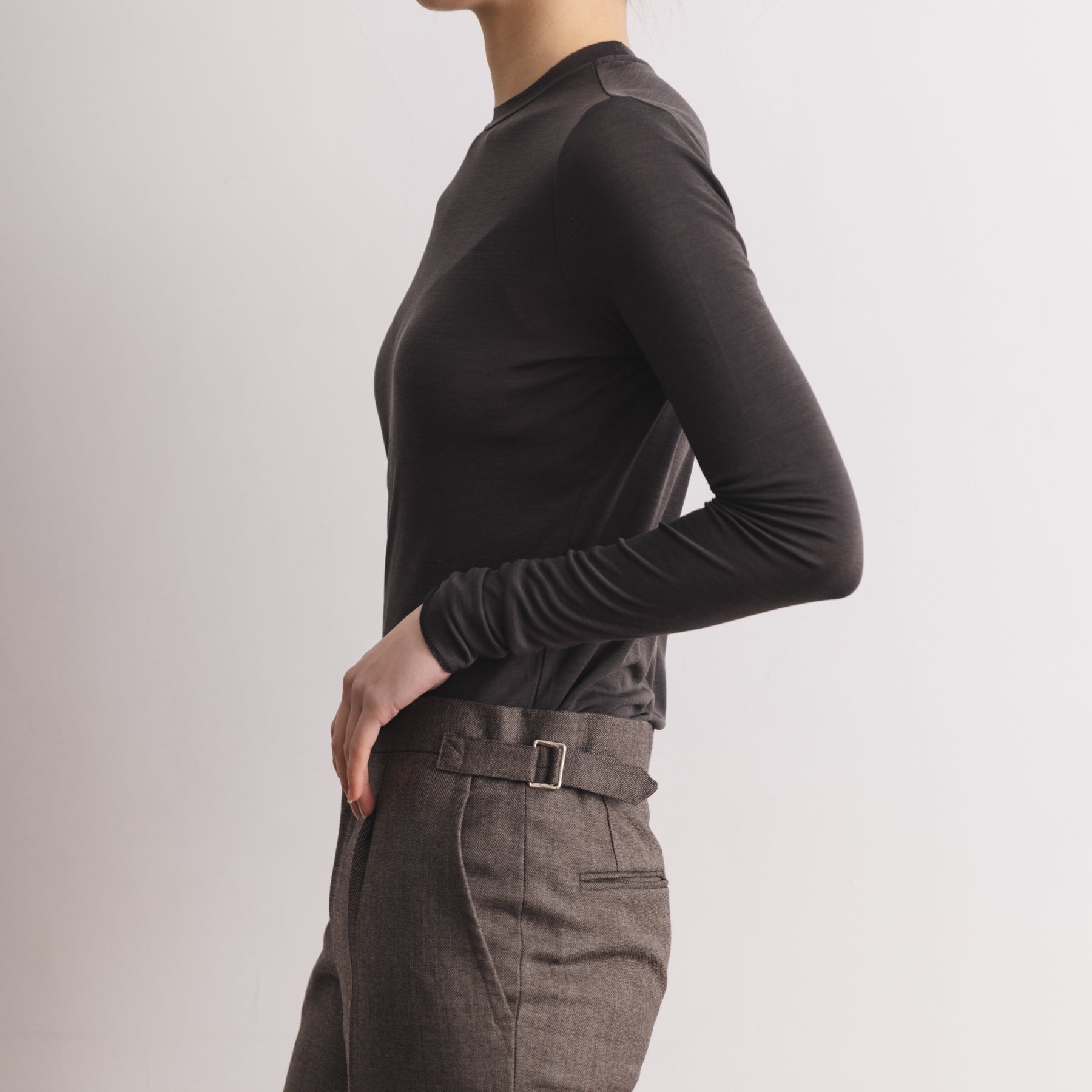 シルク100%クルーネックロングスリーブ, チャコール