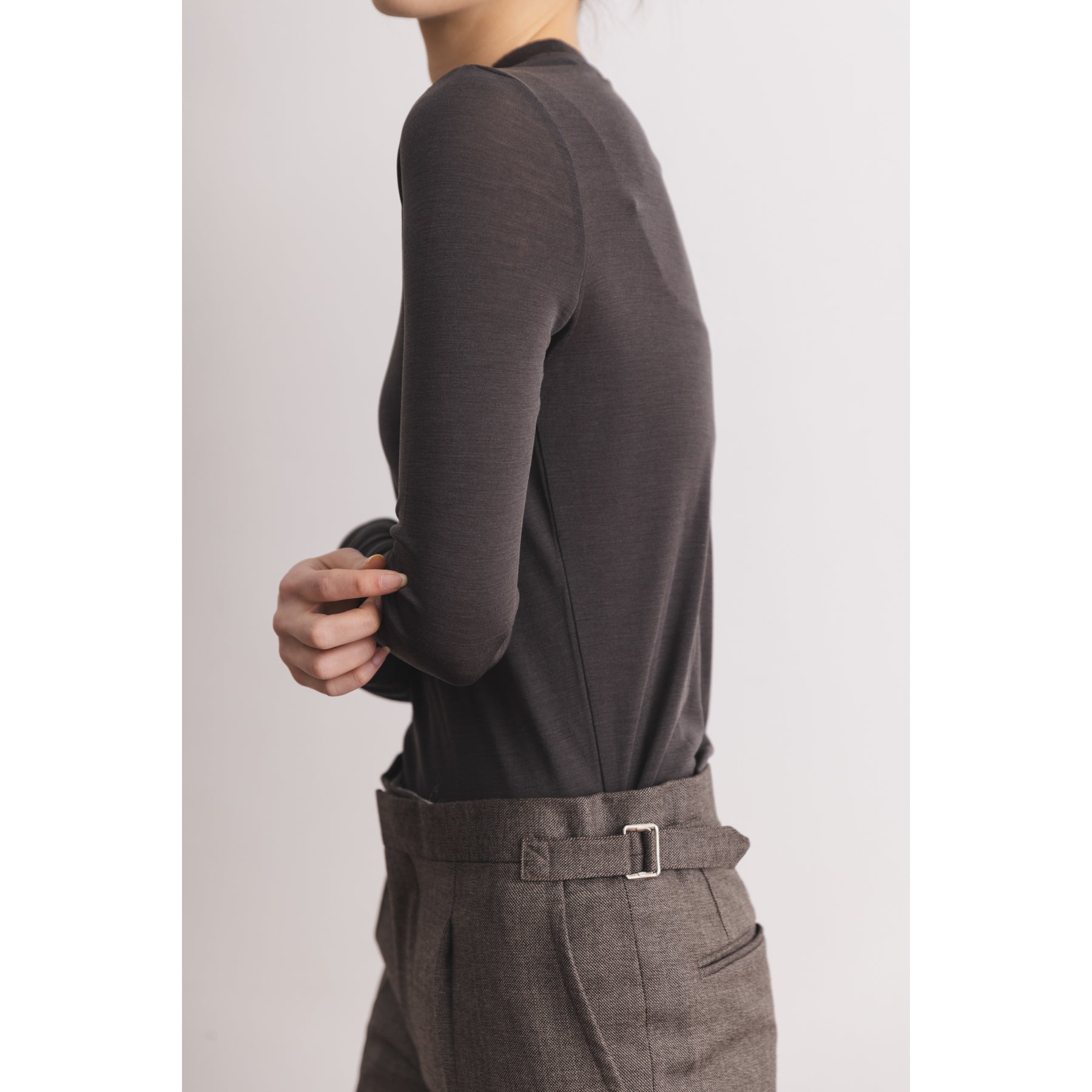 シルク100%クルーネックロングスリーブ, チャコール