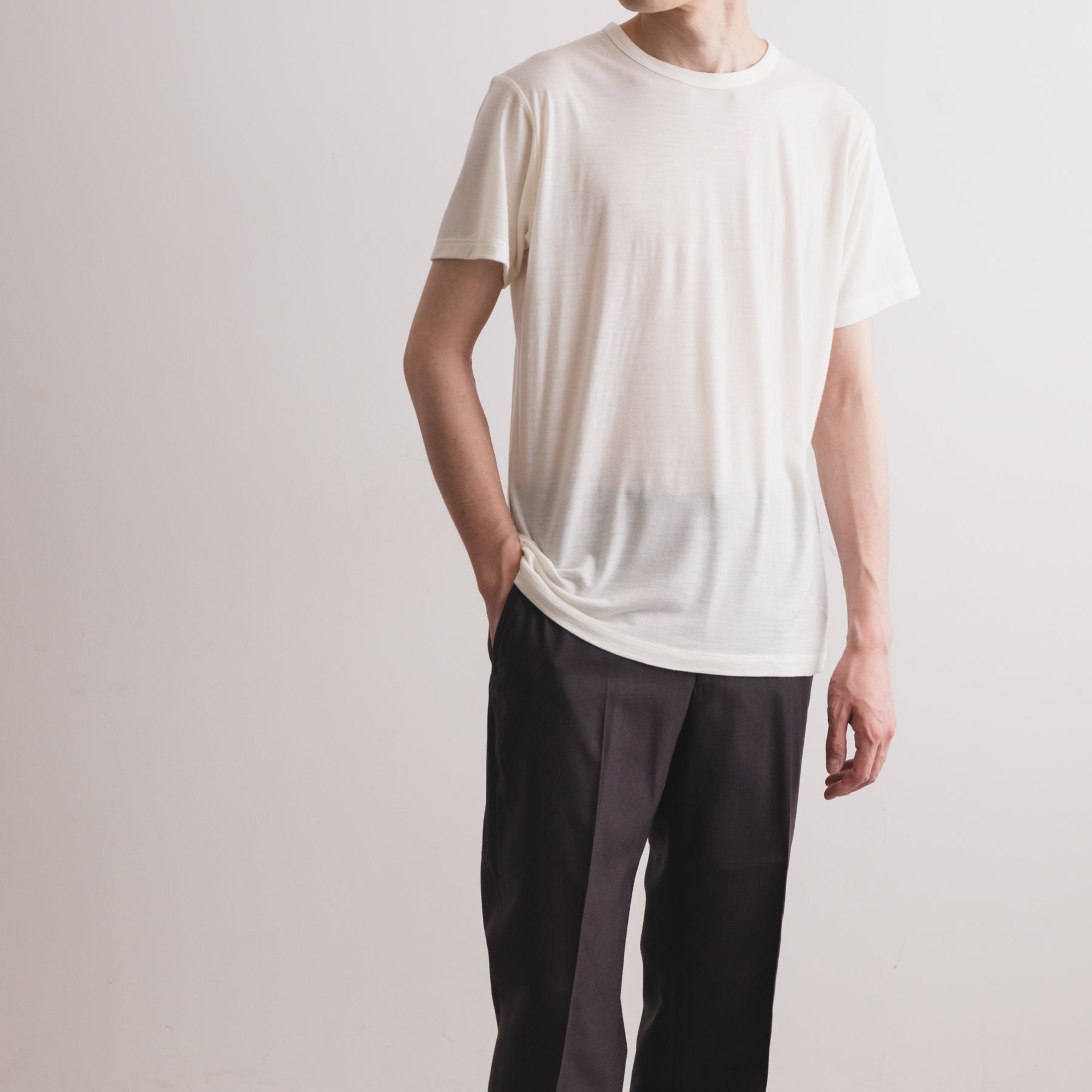 MEN'S メリノウール100%天竺 半袖Tシャツ, ホワイトの着用イメージ(男性、前)