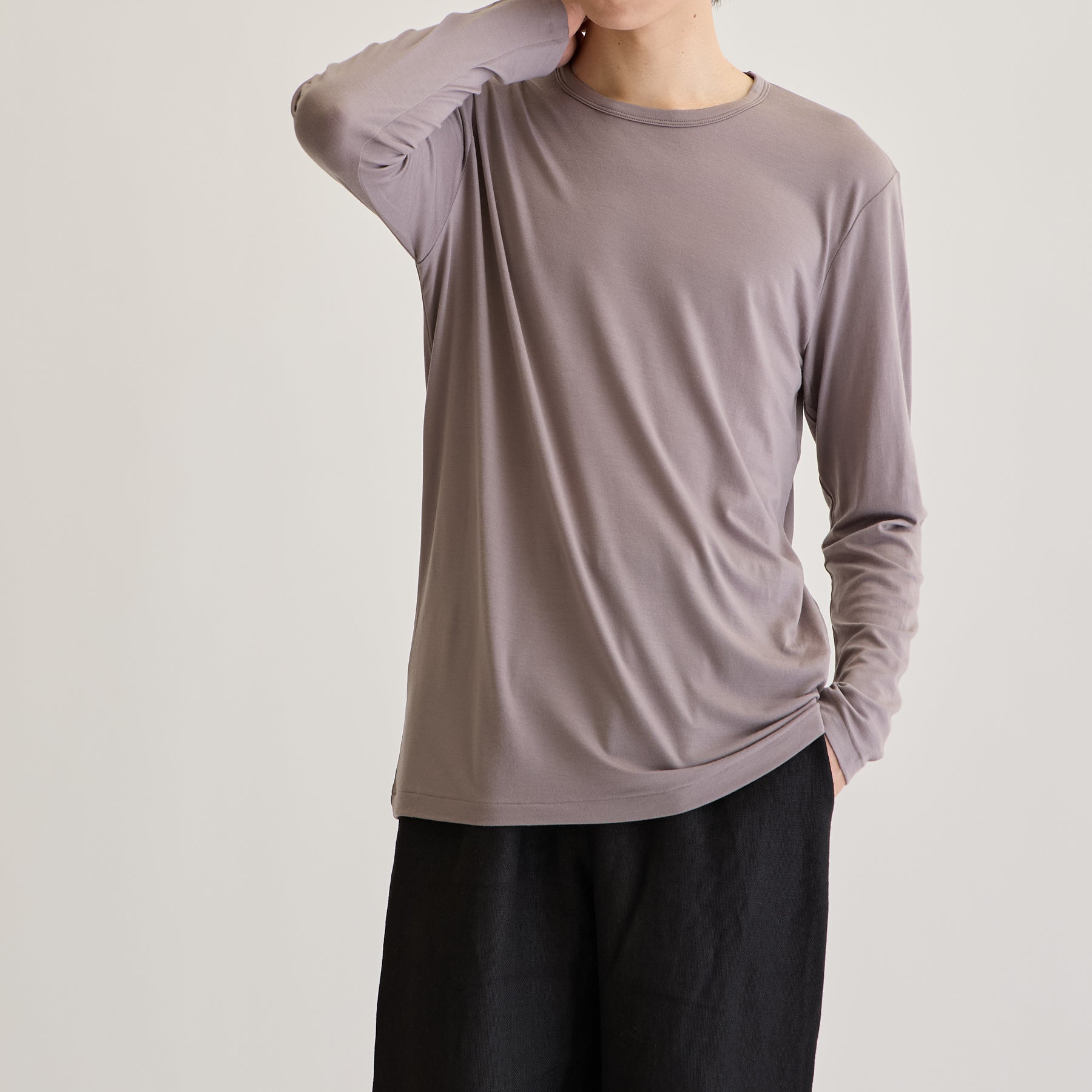 Men's 100% Merino Wool Jersey Crew Neck Long Sleeve Tee in Taupe