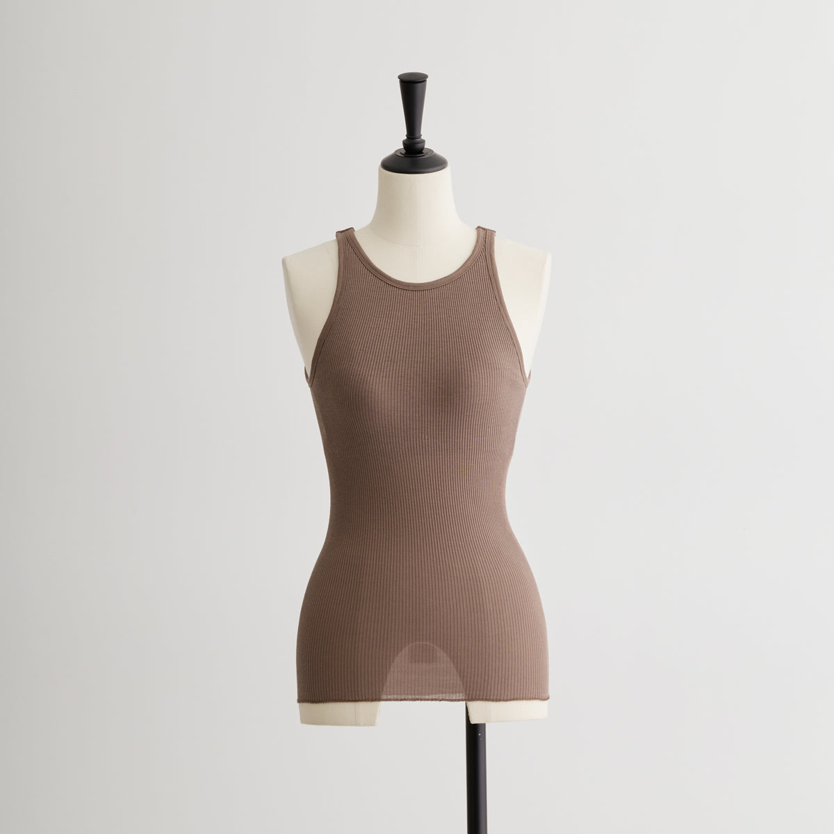 Cotton & Silk Rib American Armhole Tank Top with Bra in Smoky Cocoa