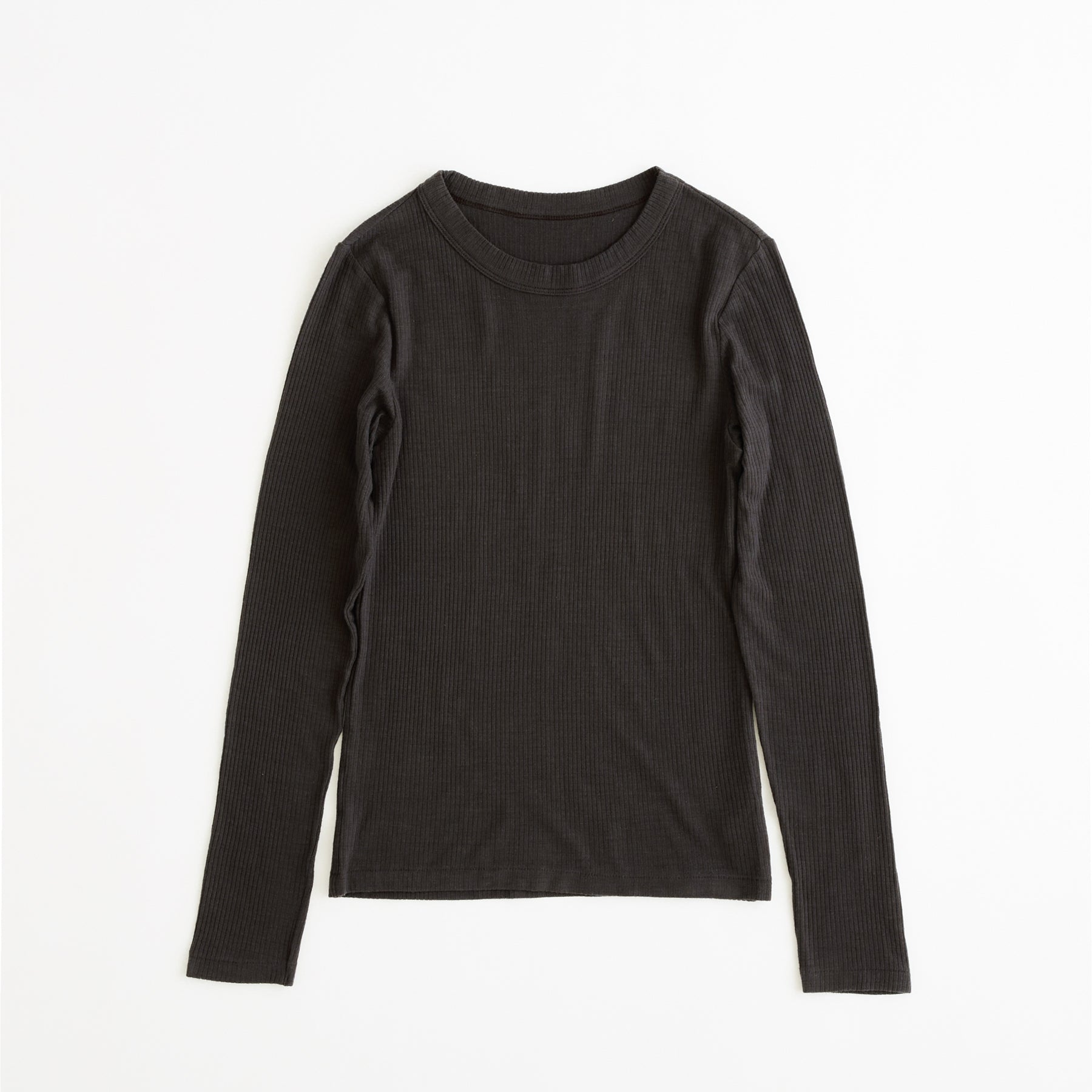 メリノウール100%リブ クルーネックトップ, チャコールブラウン