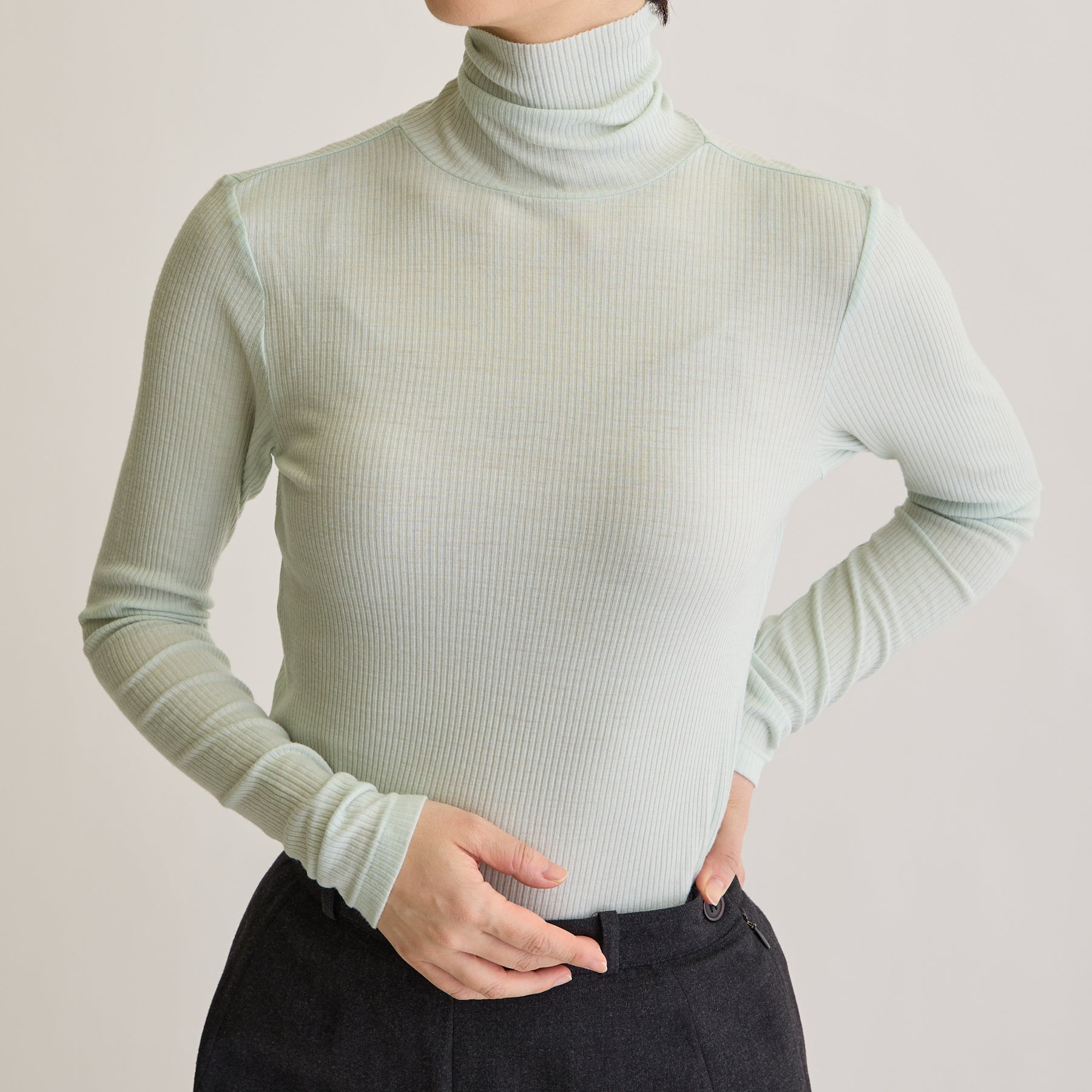 メリノウール100%リブ タートルネックトップ, ペールミントのモデル着用画像(前)