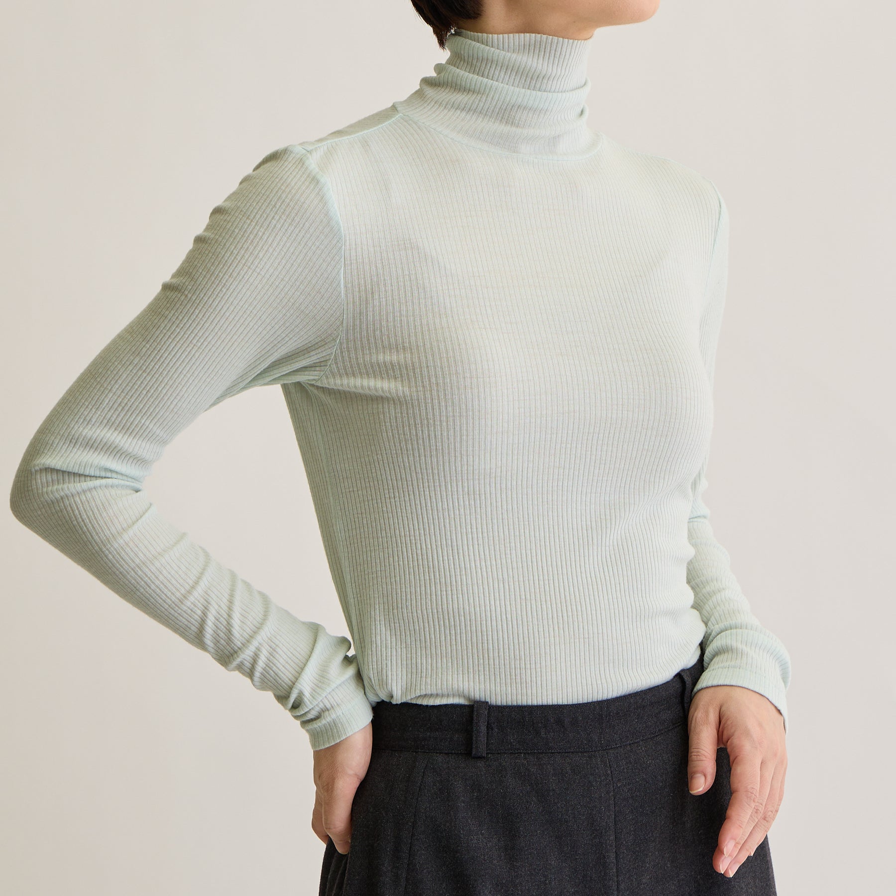 メリノウール100%リブ タートルネックトップ, ペールミントのモデル着用画像(斜め前)