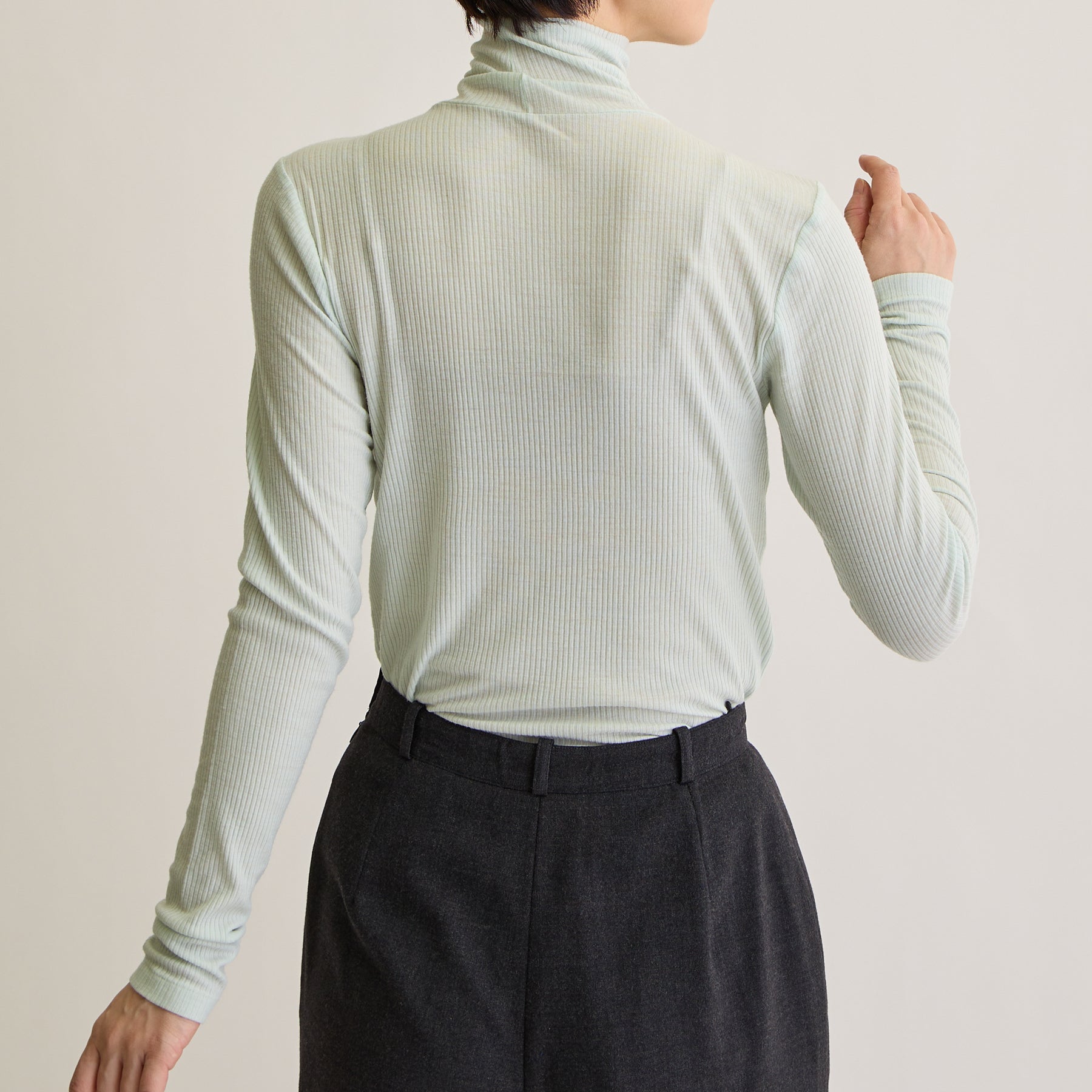 メリノウール100%リブ タートルネックトップ, ペールミントのモデル着用画像(後)