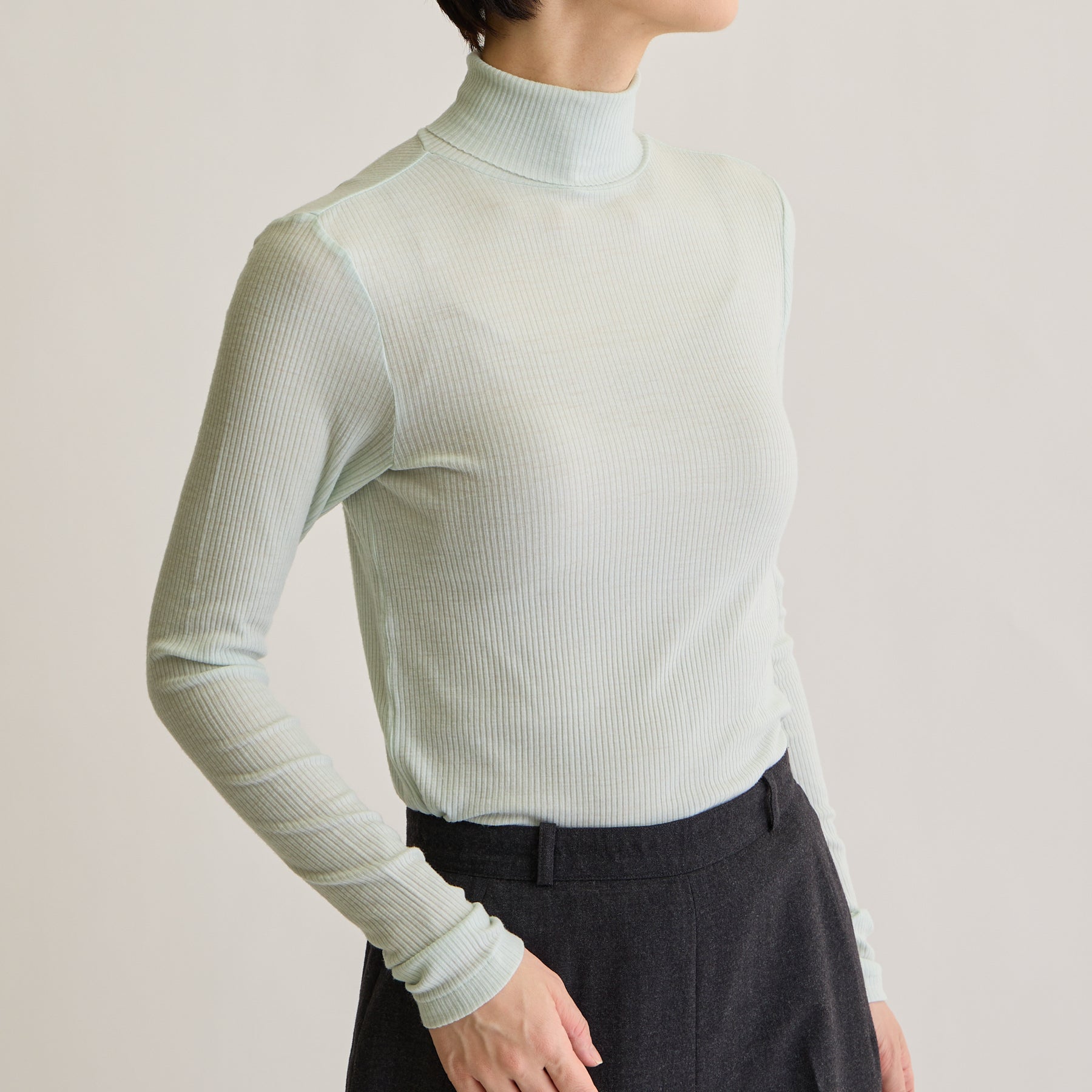 メリノウール100%リブ タートルネックトップ, ペールミントのモデル着用画像(斜め前)