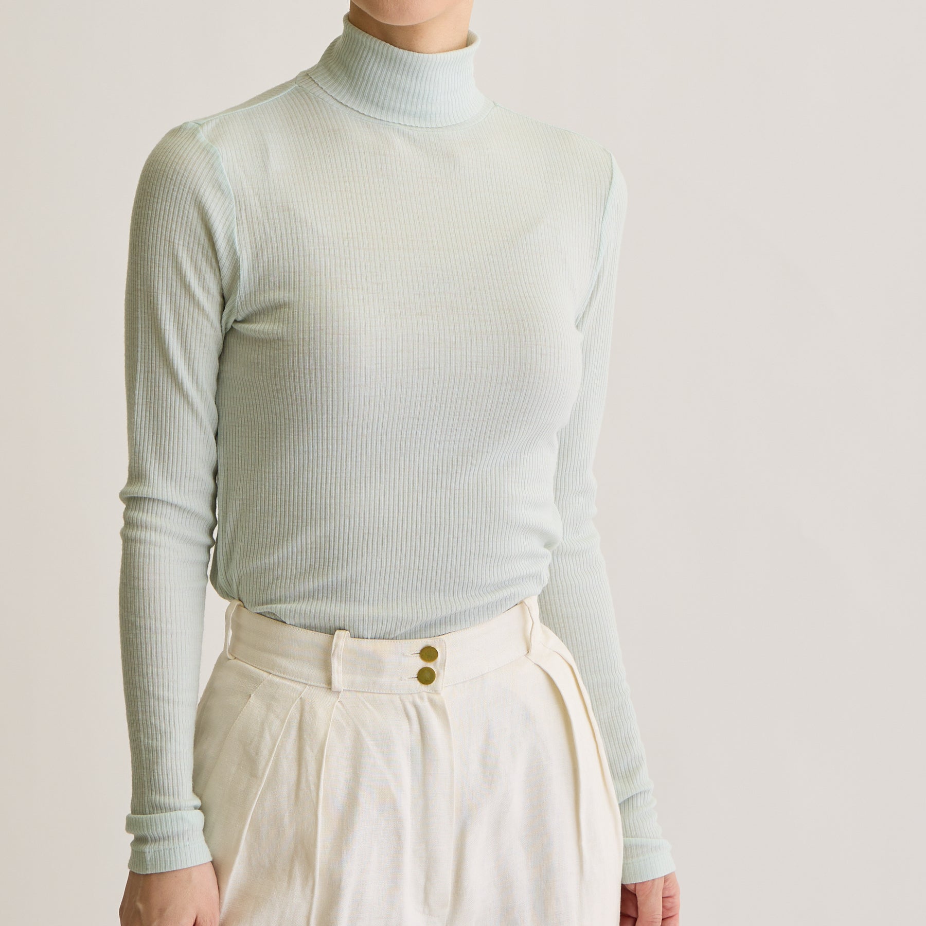 メリノウール100%リブ タートルネックトップ, ペールミントのモデル着用画像(前)