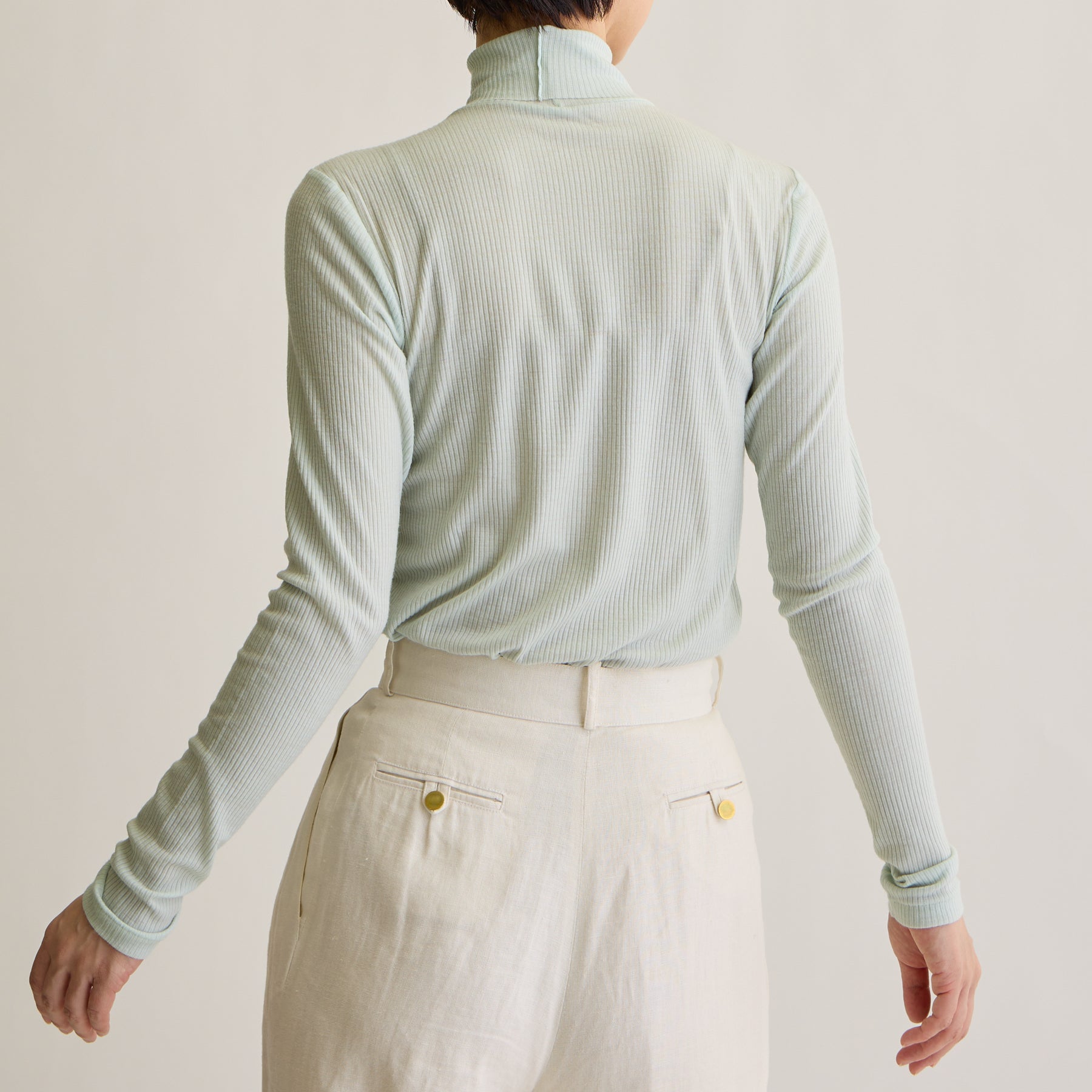 メリノウール100%リブ タートルネックトップ, ペールミントのモデル着用画像(後)