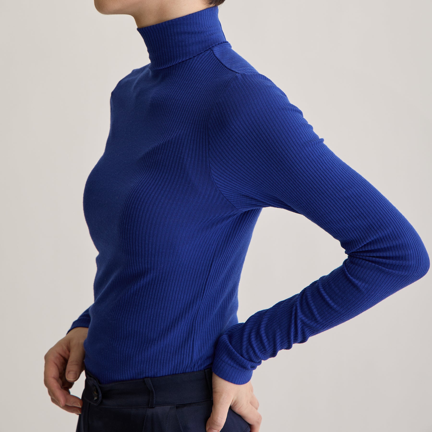 メリノウール100%リブ タートルネックトップ, ロイヤルブルーのモデル着用画像(斜め前)