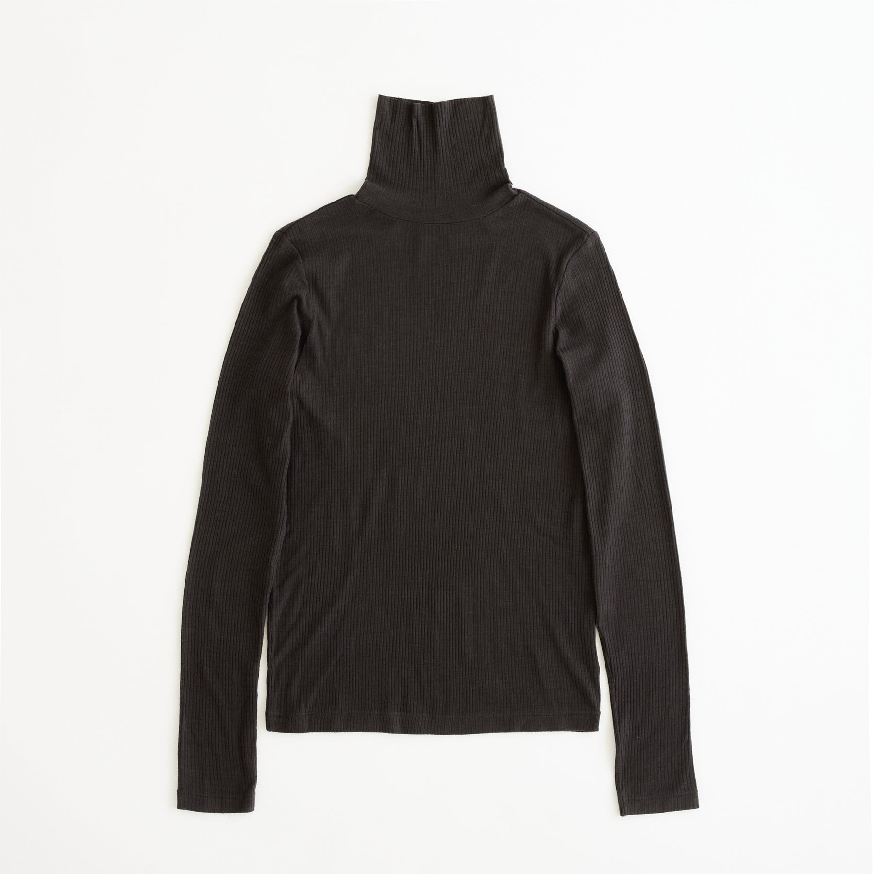 メリノウール100%リブ タートルネックトップ, チャコールブラウン