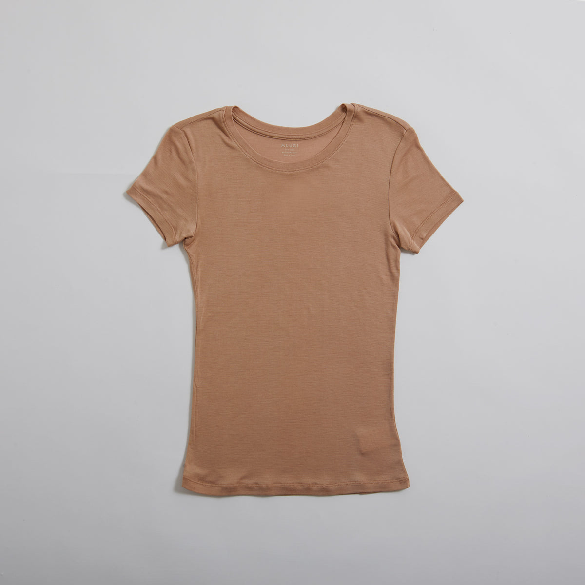シルク100%半袖カットソー, キャメル／Tシャツ