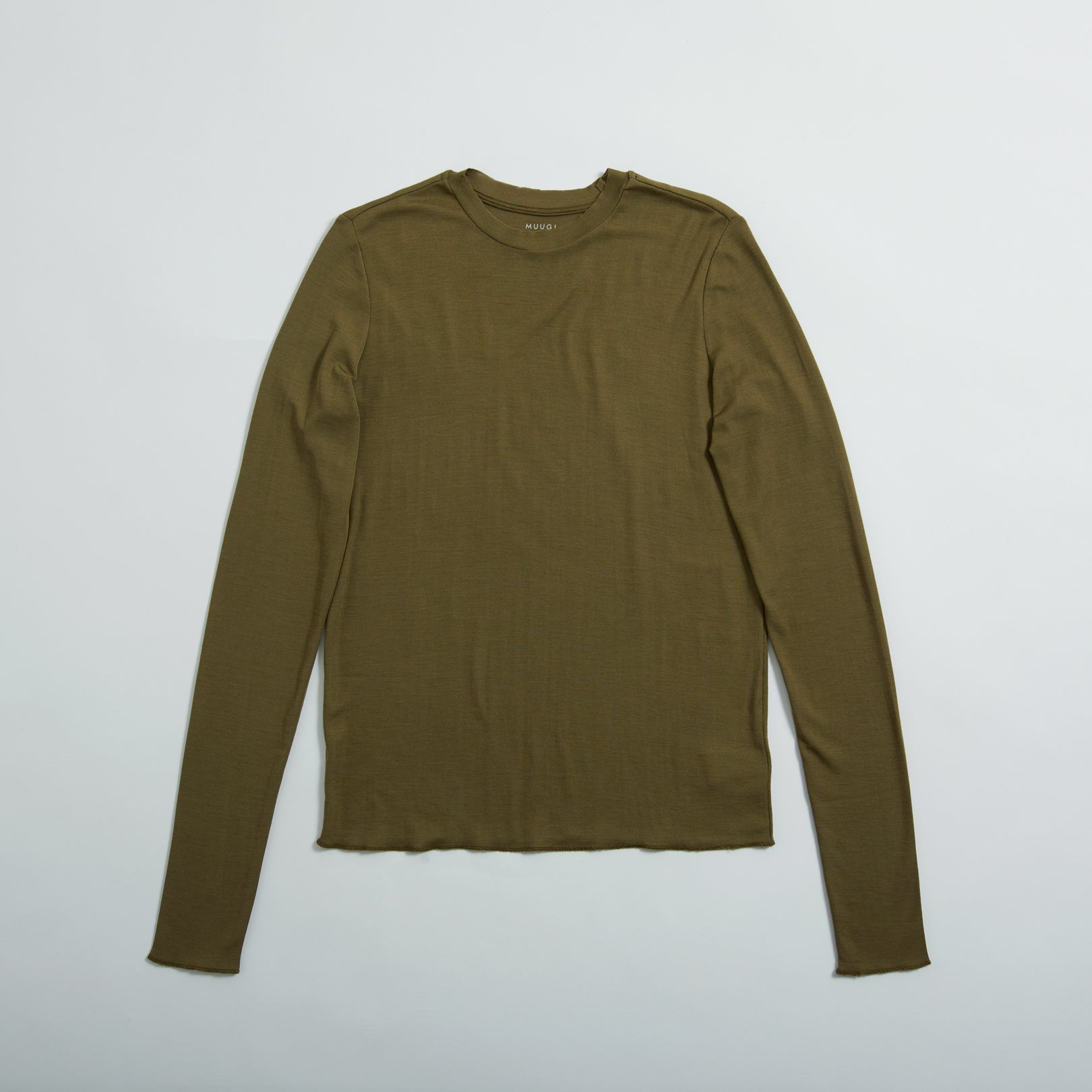 シルク100%クルーネックロングスリーブ, オリーブ(前)