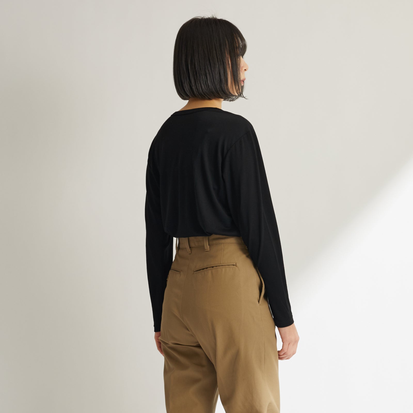 MEN'S メリノウール100%天竺 Vネック長袖Tシャツ, トープ