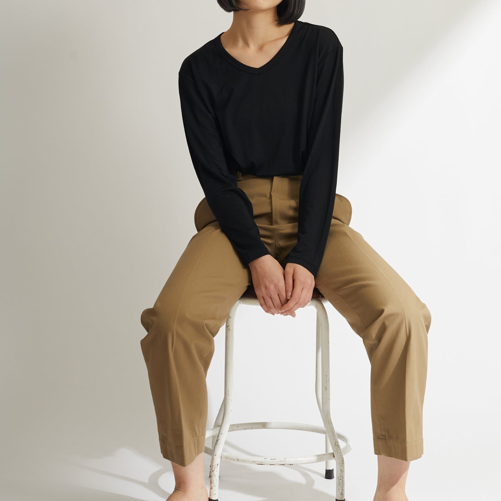 MEN'S メリノウール100%天竺 Vネック長袖Tシャツ, トープ