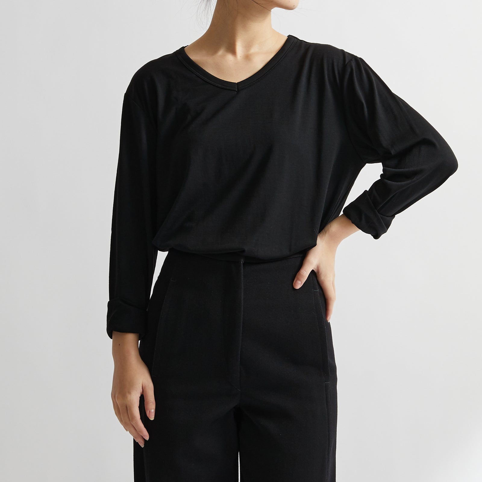 MEN'S メリノウール100%天竺 Vネック長袖Tシャツ, トープ