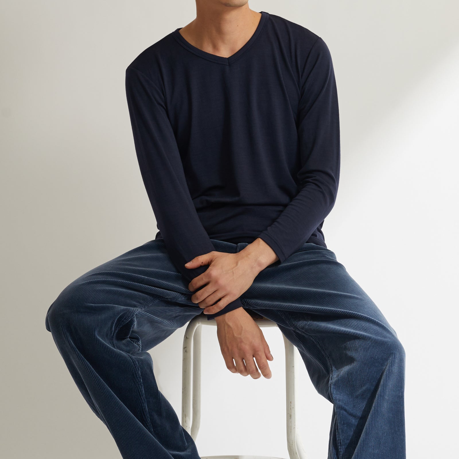 MEN'S メリノウール100%天竺 Vネック長袖Tシャツ, ネイビー