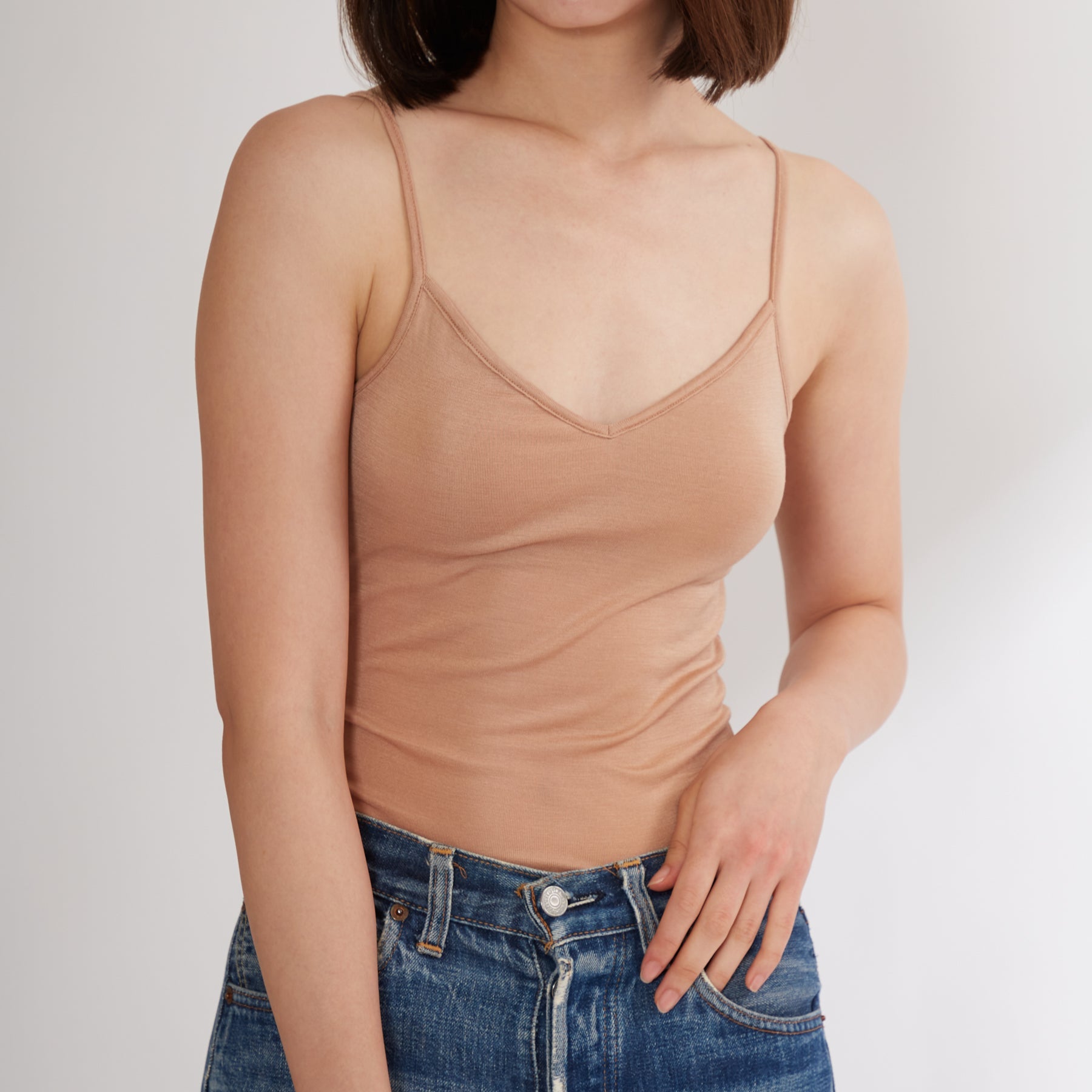 100% Silk Camisole with Bra in Camel