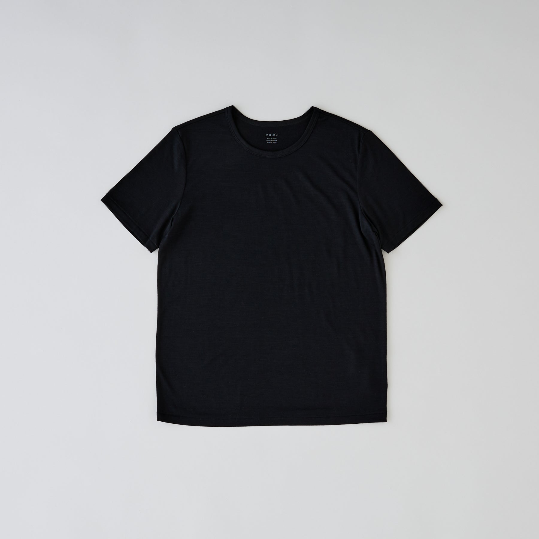 メリノウール100%天竺 クルーネック半袖カットソー, ブラック