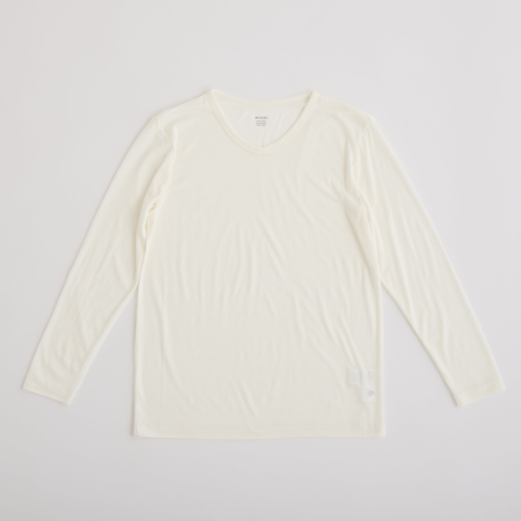 MEN'S メリノウール100%天竺 Vネック長袖Tシャツ, ホワイト