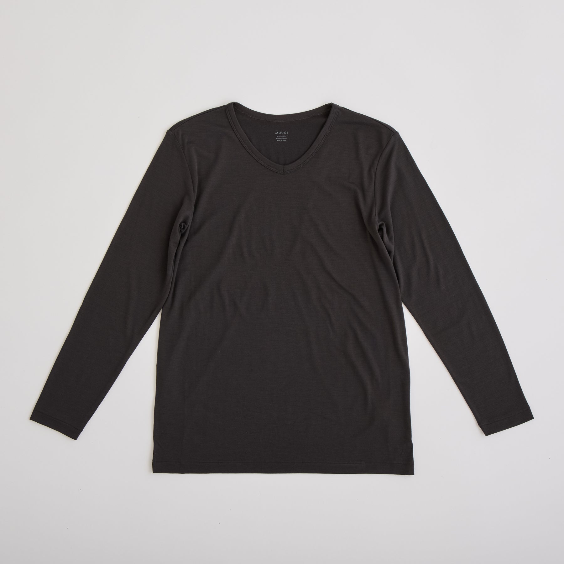 MEN'S メリノウール100%天竺 Vネック長袖Tシャツ, チャコール