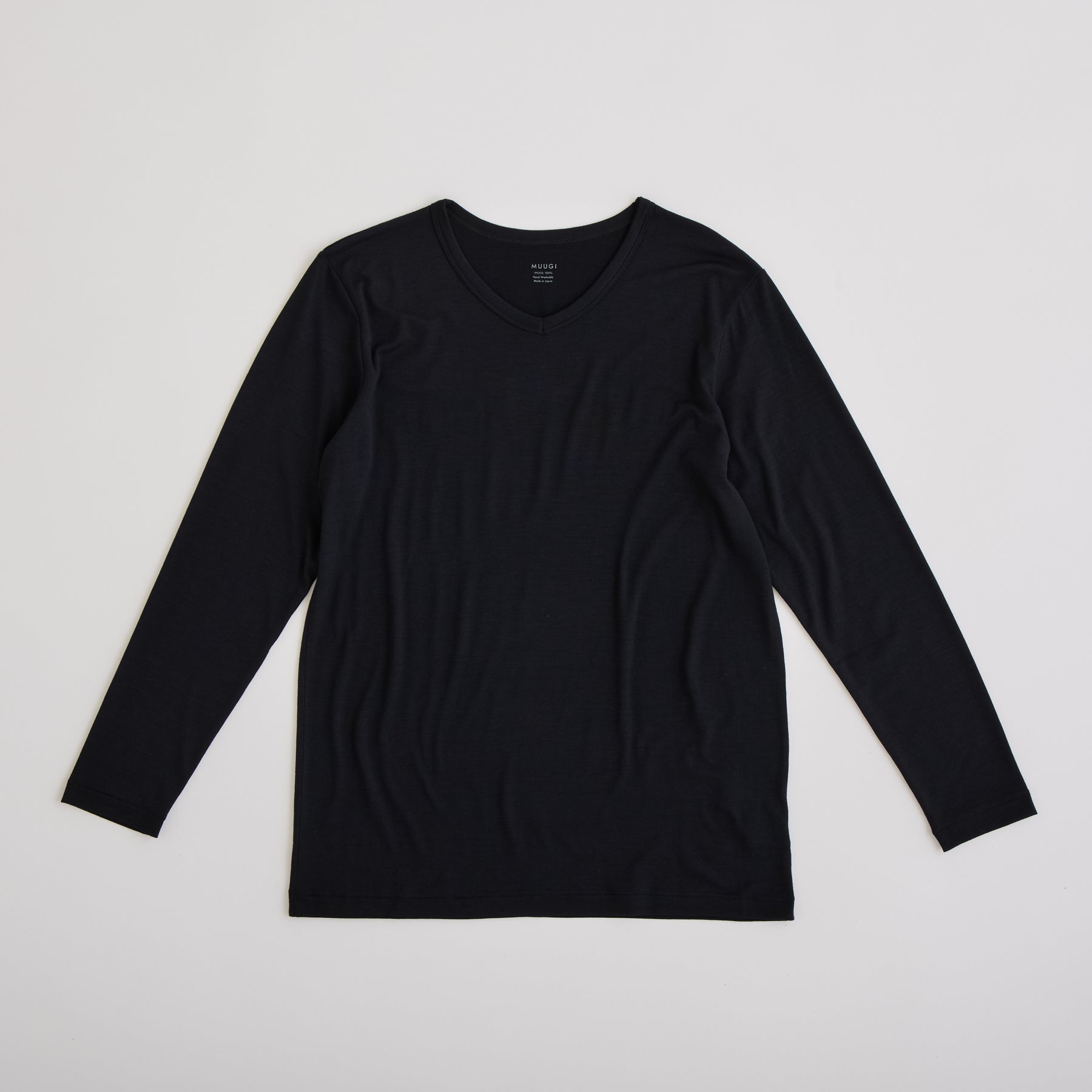 MEN'S メリノウール100%天竺 Vネック長袖Tシャツ, ブラック