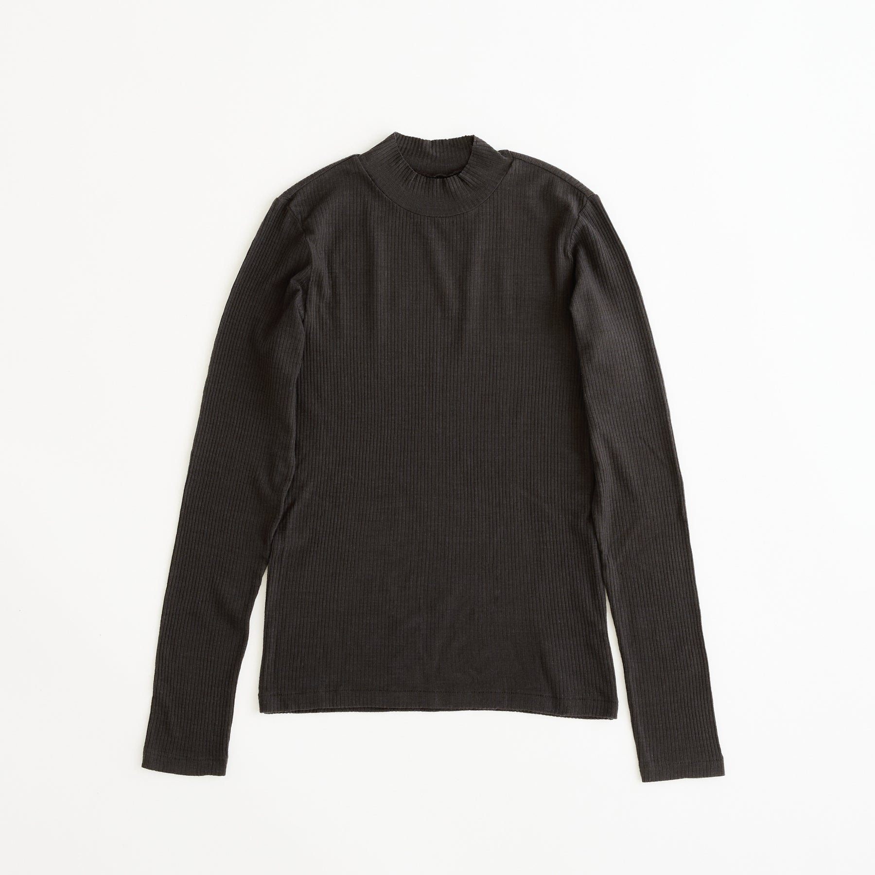 メリノウール100%リブ モックネックトップ, チャコールブラウン
