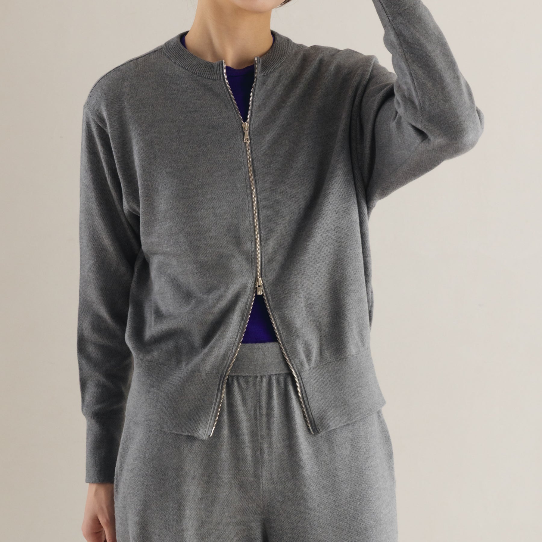 起毛シルクニット ダブルジップカーディガン, ミディアムグレー