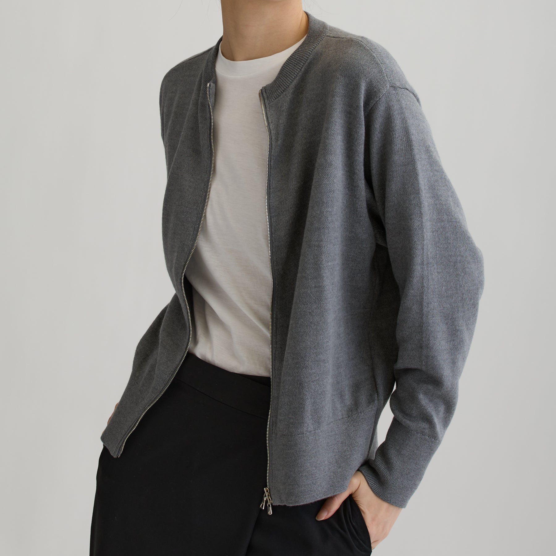 起毛シルクニット ダブルジップカーディガン, ミディアムグレー