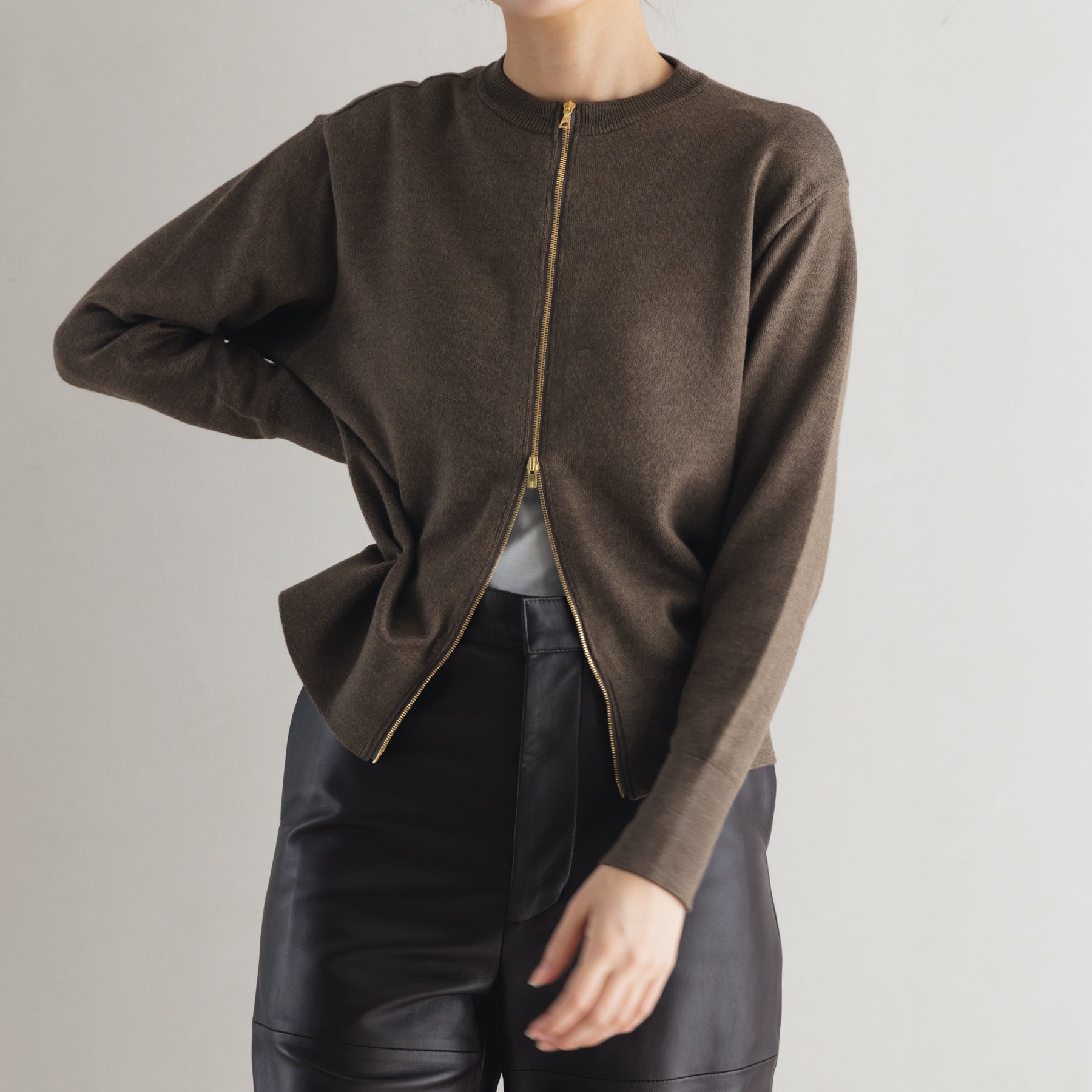 起毛シルクニット ダブルジップカーディガン, ブラウン