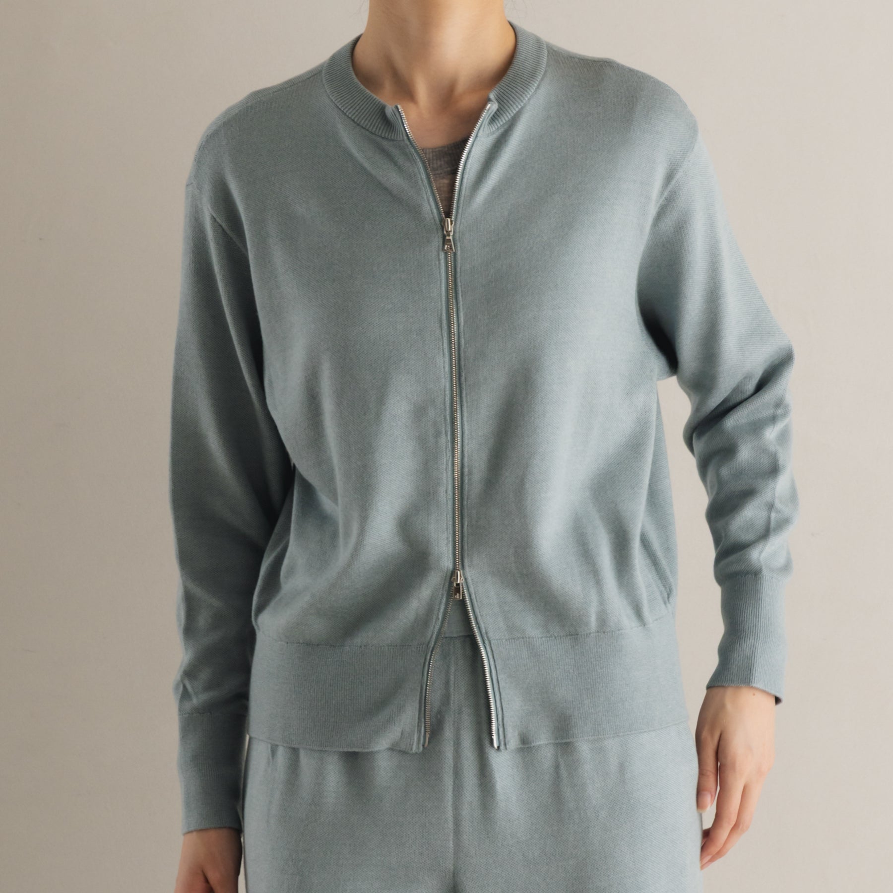 起毛シルクニット ダブルジップカーディガン, セージ